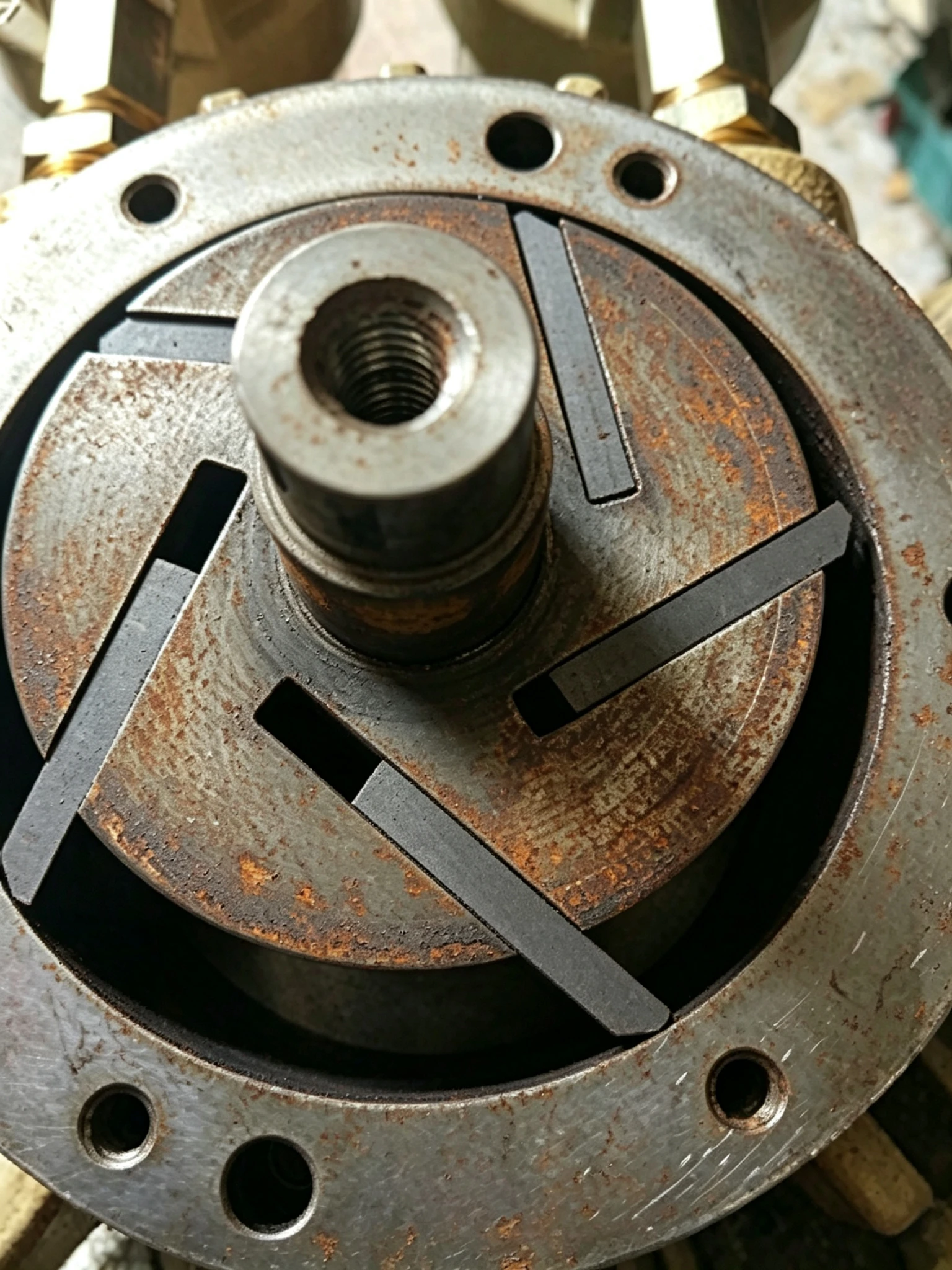 Rusted rotary vane pump rotor after service in high-humidity environment